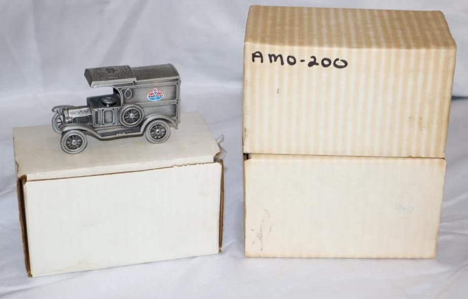 Group of 3 Amoco 1913 Delivery Trucks with Original Boxes: 3.5" X 1.5" x 2" each, are marked fine pewter