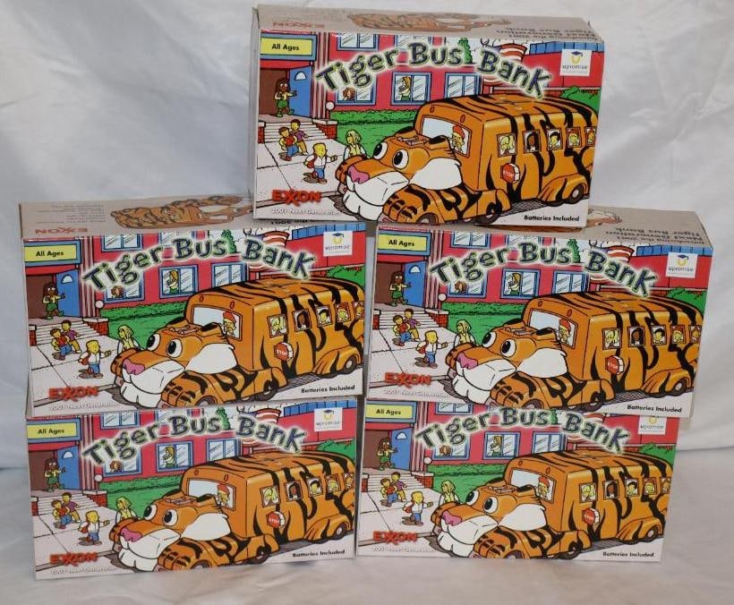 Group of 5 Exxon Tiger Bus Bank Gas Station Trucks in Original Boxes: 10" x 5.5" x 3.25" each