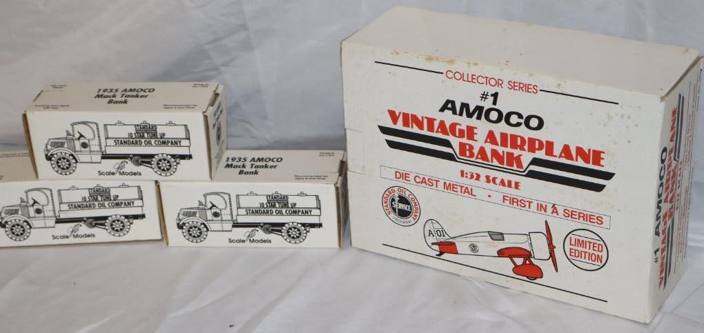 Group of 4 - 1935 Amoco Mac Truck & Standard Oil Airplane in Original Boxes: Largest is 9" x 12" x 4"
