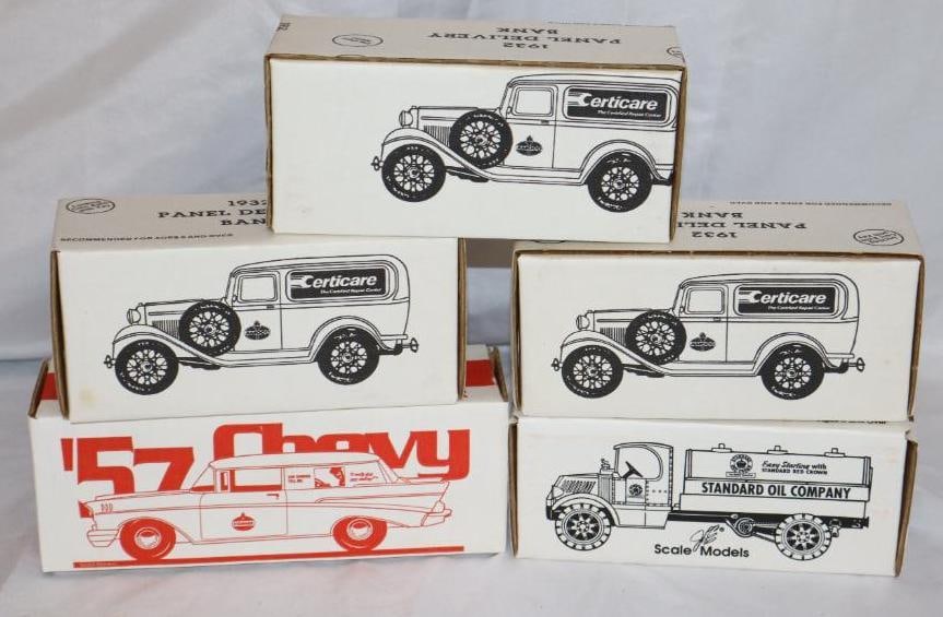 Group of 5 Standard Oil Tanker Truck & '57 Chevy Gas Station Toys in Original Boxes: Largest is 8.25" x 3" x 2.75"