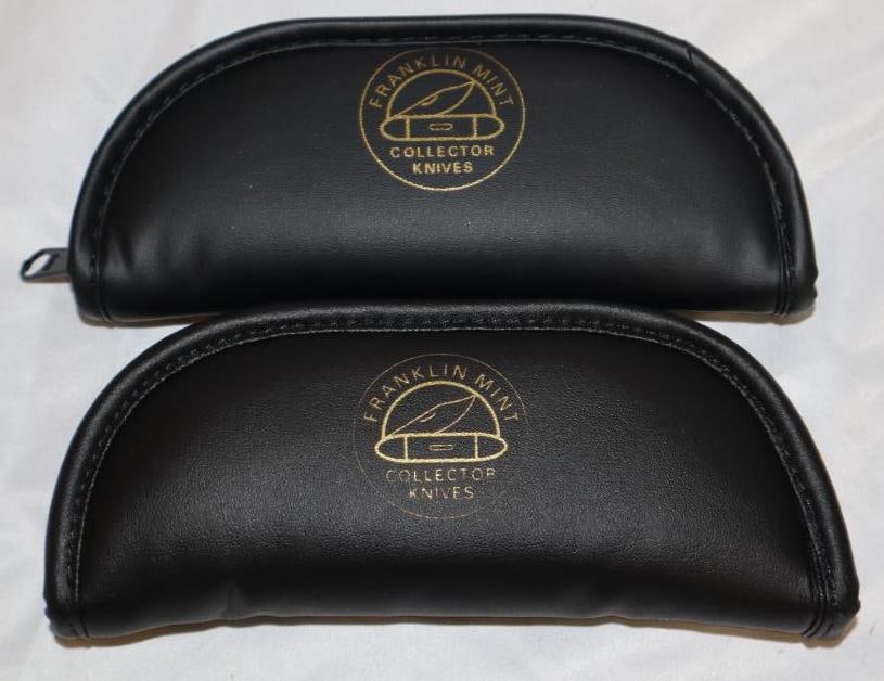 Group of 2 Franklin Mint Texaco Gas Pump Shaped Pocket Knives with Leather Pouch: 6.5" x 1.75" x 2.5" each