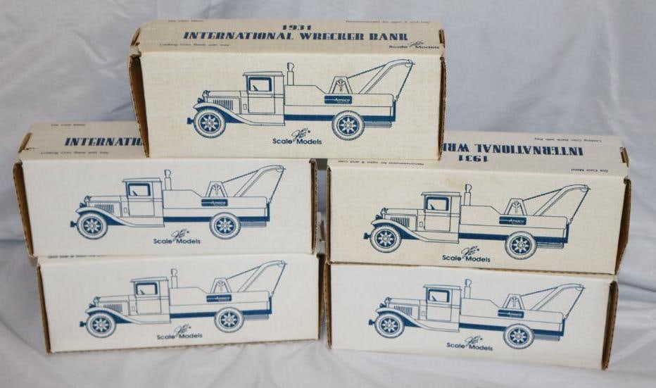 Group of 5 - 1931 Amoco Gas Station Wrecker Trucks in Original Boxes: 9.25" x 3.5" x 2.75" each