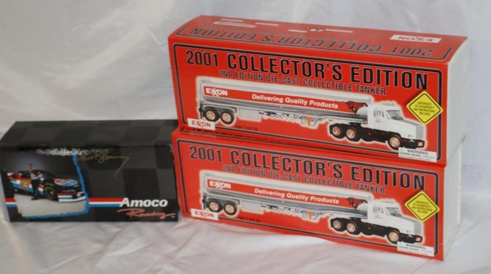 Group of 3 Amoco & Exxon Gas Station Tanker Trucks & Racecar in Original Boxes: Largest is 16" x 5.5" x 4"