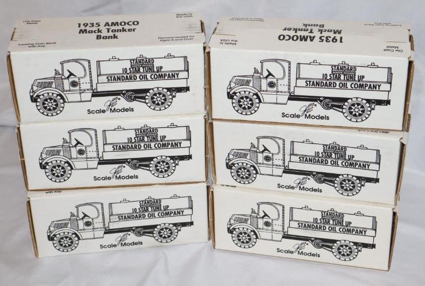 Group of 6 - 1935 Amoco Mac Truck Tanker Banks in Original Boxes: 7.5" x 3" x 3" each