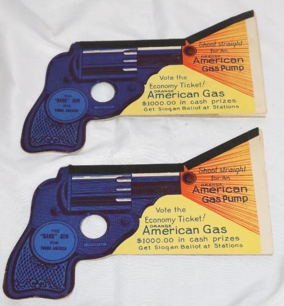 Group of 2 American Gas Revolver Shaped Cardboard Advertisements: 8" x 4.5" each