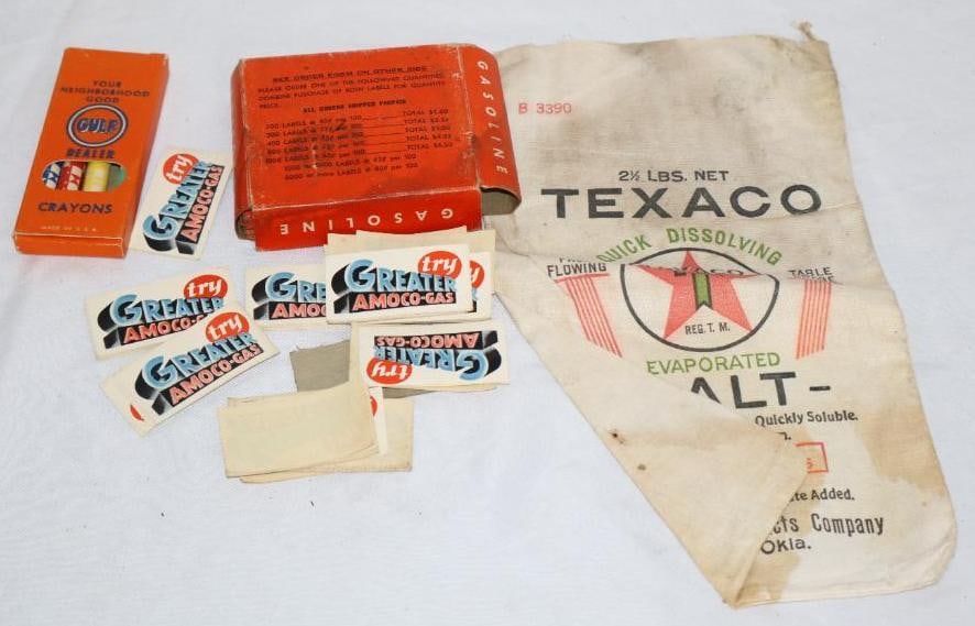 Large Group of Gulf, Texaco, & Amoco Crayons, Salt Bag & Decals: Largest is 5.5" x 9"