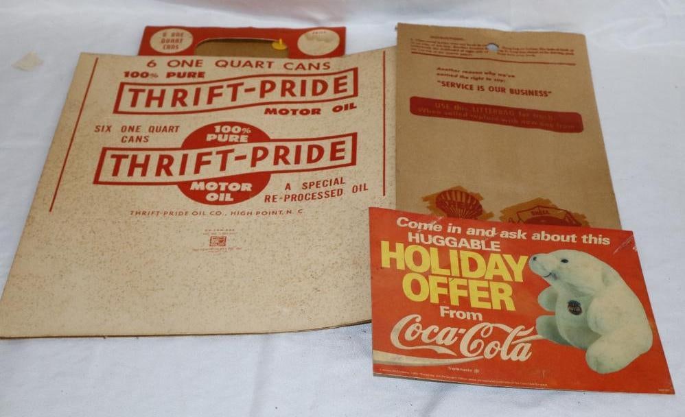 Group of 3 Thrift-Pride, Shell & Coke 6 Pack Carrier, Litter Bag, & Magnetic Sign: Largest is 16.5" x 12"