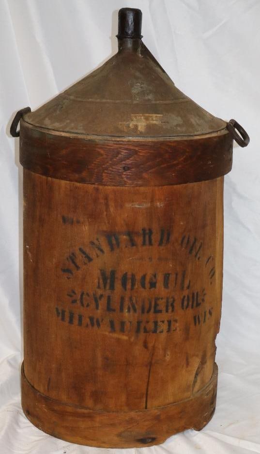 Early Standard Oil Co. Mogul Cylinder Oil 10 Gallon Metal Oil Can with Wood Jacket: 13" x 13" x 25"