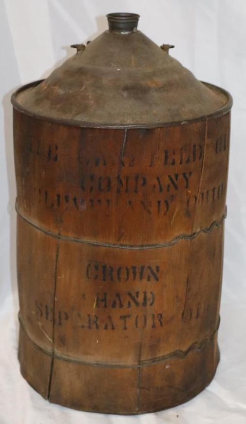Early Canfield 5 Gallon Metal Oil Can with Wood Jacket: 13" x 13" x 25" missing cap
