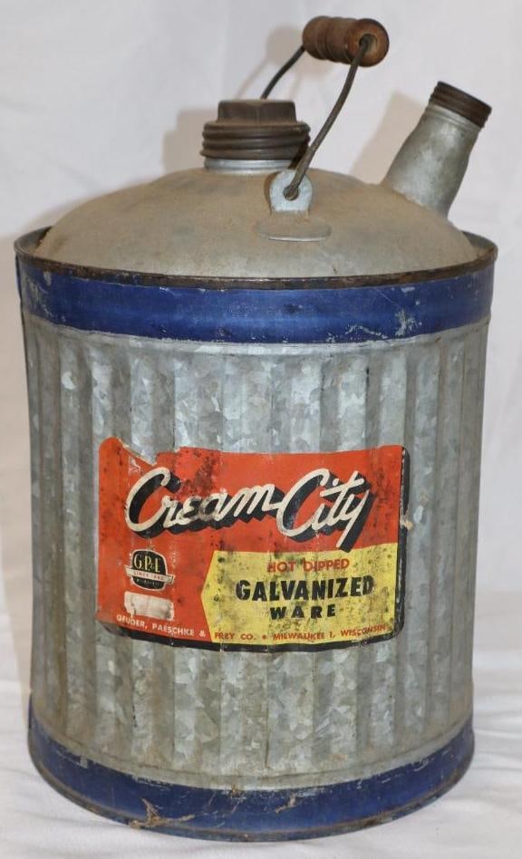 Cream City 2 Gallon Galvanized Oil Can with Original Paper Label: 8" x 8" x 10.5"