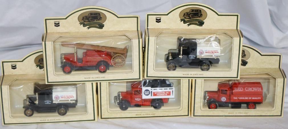 Group of 5 Chevron Gas Station Toy Cars in Original Boxes: 6" x 4" x 1.5" each