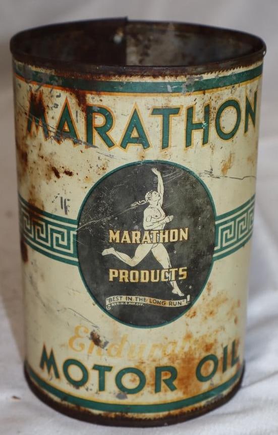 Marathon Best in the Long Run Metal 1 Quart Oil Can: 4" x 4" x 5.5" this can is missing top & bottom lids, & is screwed together