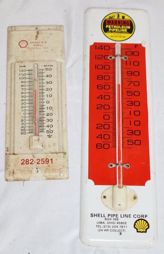 Group of 2 Shell Oil & Pipeline Advertising Thermometers: Largest is 11.5" x 3"