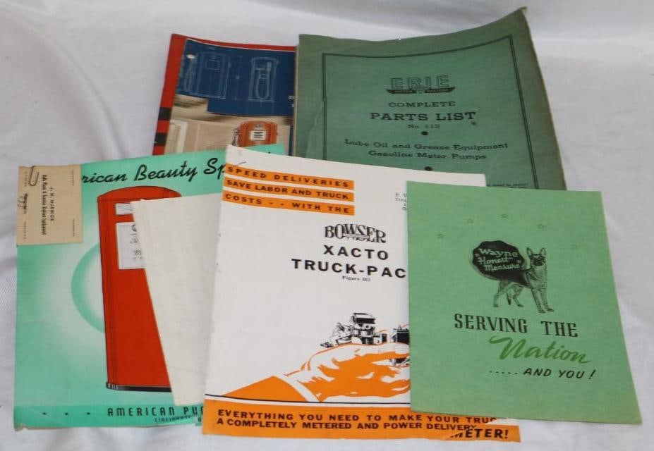Group of 7 Buckeye, Bennett, Erie, Wayne, Bowser, & American Gas Pump Literature Books & Brochures: Largest is 8.5" x 11"