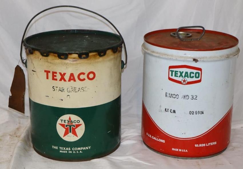 Group of 2 Texaco 5 Gallon Oil Cans: 11" x 11" x 15" each, red Texaco is missing cap