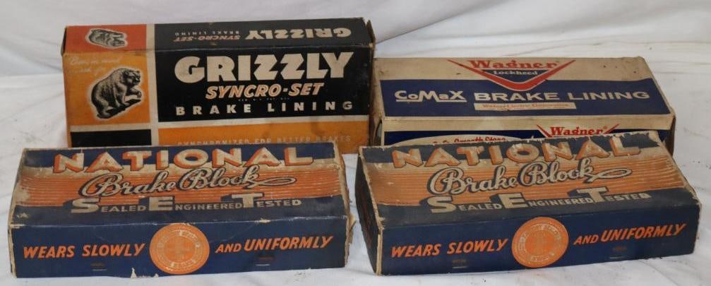 Group of 4 National Wagner & Grizzly Advertising Brake Lining Boxes: 12" x 5.25" x 2.5" each