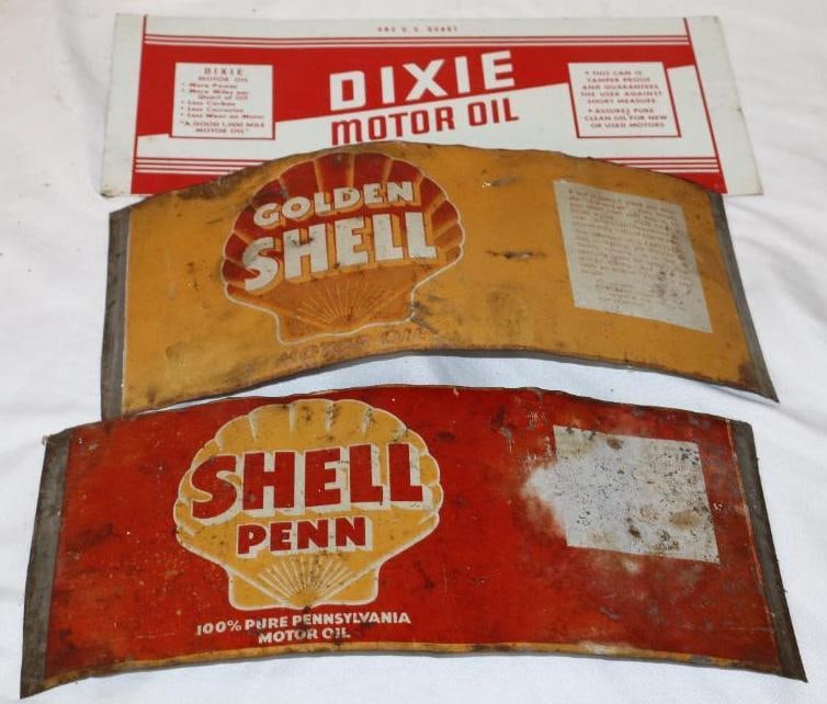 Group of 3 Shell Penn, Golden Shell & Dixie Flattened 1 Quart Oil Can: 12.75" x 5.75" is the largest