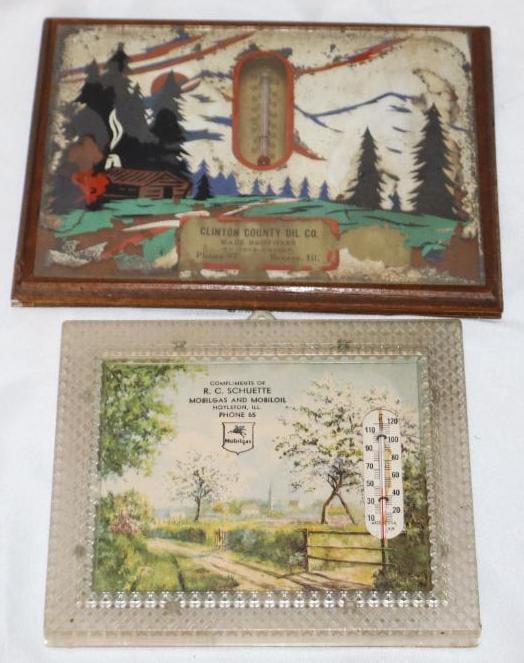 Group of 2 Mobilgas & Clinton County Oil Advertising Thermometers: 7.5" x 5.75" is the largest