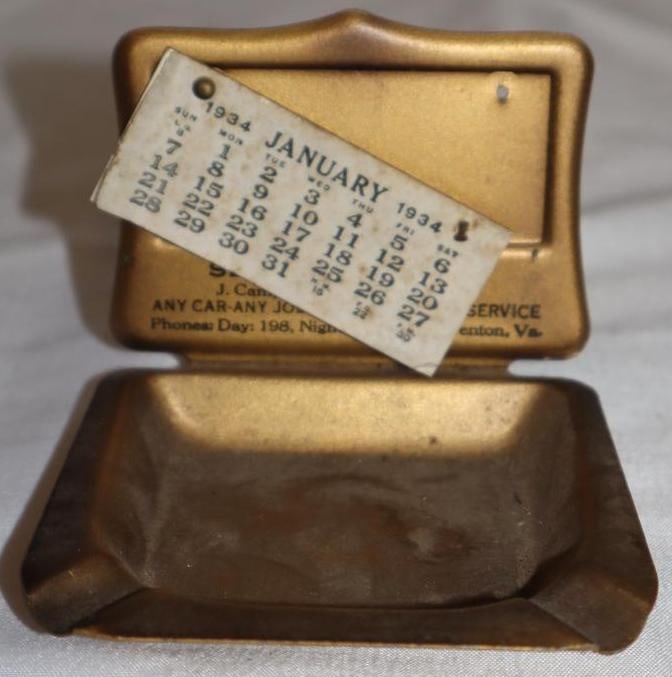 1934 Service Garage Advertising Calendar & Ashtray: 3.25" x 3" x 2.25"