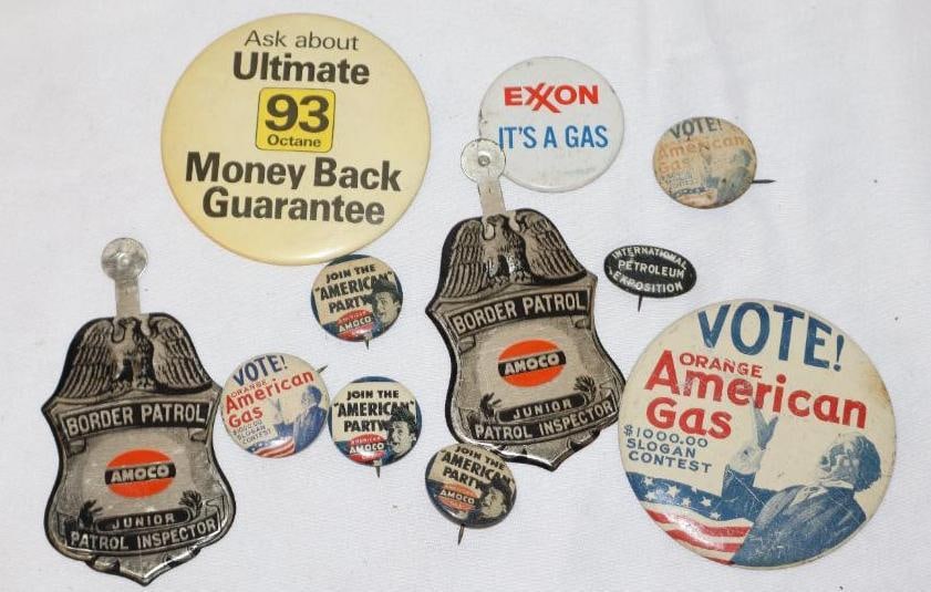 Group of 10 Amoco, Exxon & International Petroleum Exposition Pinback Badges: Largest is 3" x 3"