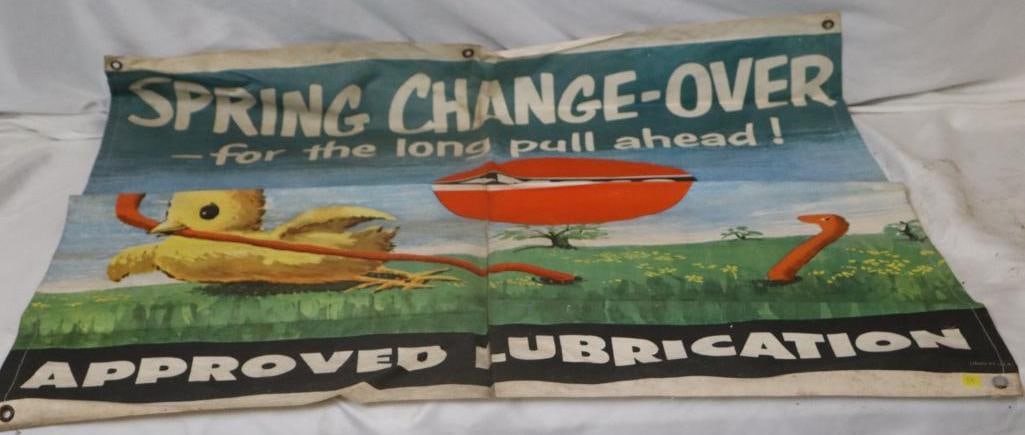 Amoco Spring Change Over Canvas Advertising Banner: 36.5" x 35" has a couple of moth holes & staining