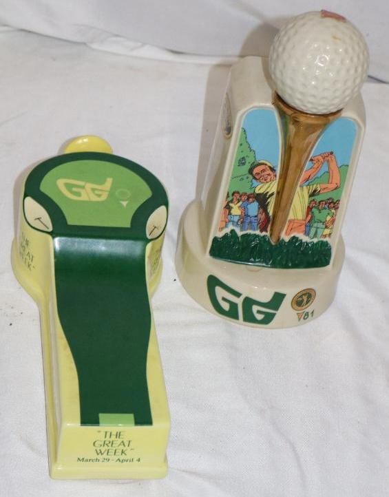 Group of 2 -1981 & 82 Greater Greensborough Open Golf Decanters: 11.5" x 4.5" x 3" is the largest