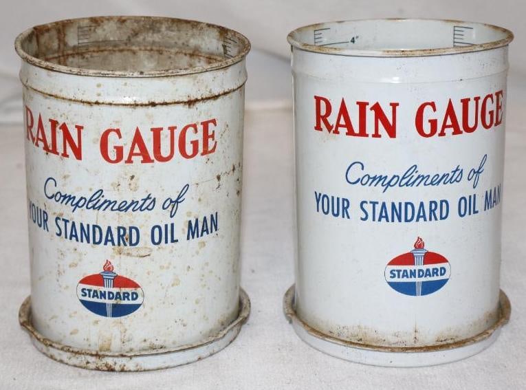 Group of 2 Standard Oil Metal Rain Gauge Cans: 3.25" x 3.25" x 4.5" each