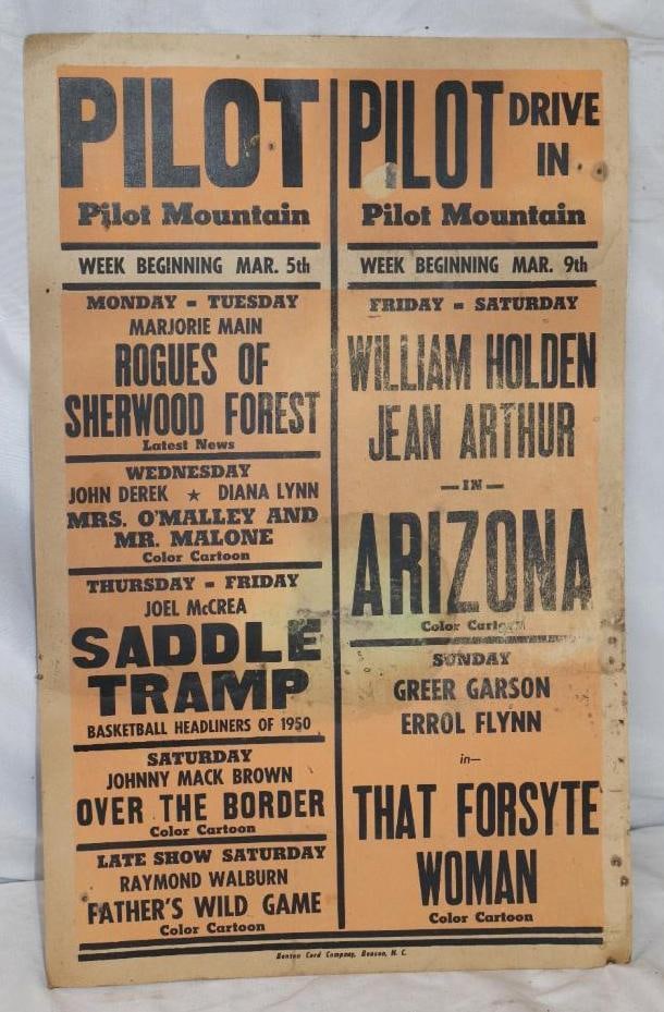 Pilot Mountain Drive-In 1950 Cardboard Advertising Sign: 14" x 22"