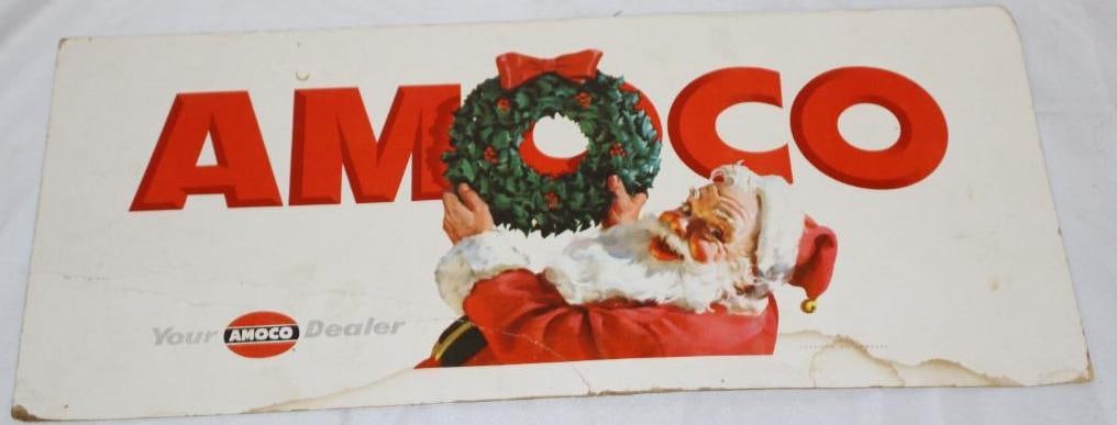 1957 Your Amoco Dealer Cardboard Advertising Sign with Santa: Has some creasing and stains. 16.25" x 7.25"