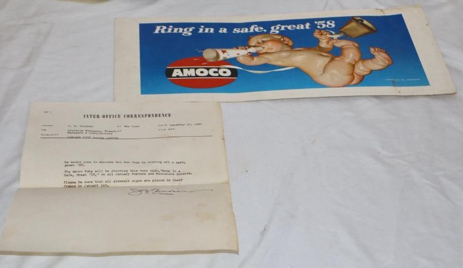 1958 Amoco Ring in a Safe Great '58 Cardboard Advertising Sign with New Years Baby: Has some creasing and stains. 16.25" x 7.25"