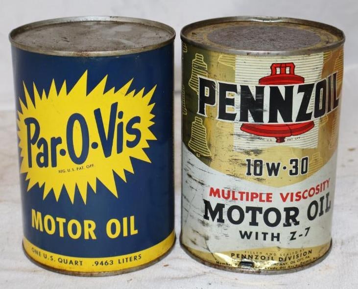 Group of 2 Par-O-Vis & Pennzoil (with Ghost Bells) Metal 1 Quart Oil Cans: 4" x 4" x 5.5" each