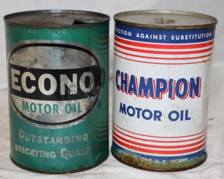 Group of 2 Champion & Enoco Metal 1 Quart Oil Cans: 4" x 4" x 5.5" each