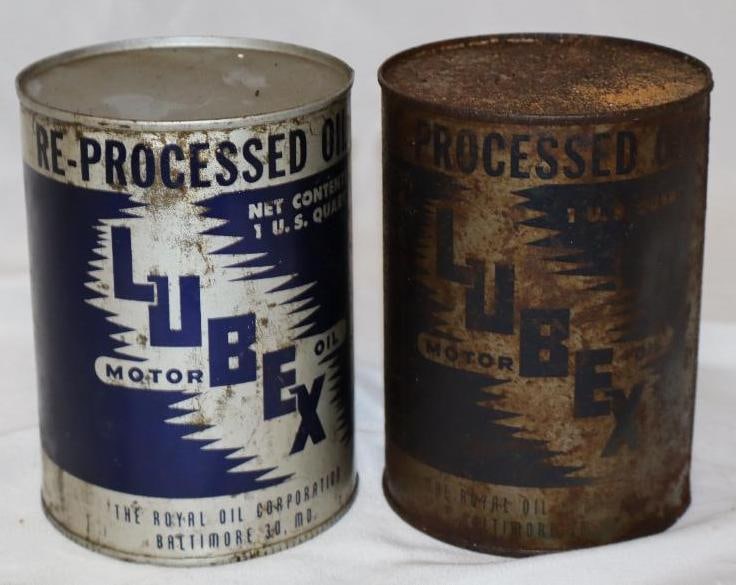 Group of 2 Lubex Metal 1 Quart Oil Cans: 4" x 4" x 5.5" each