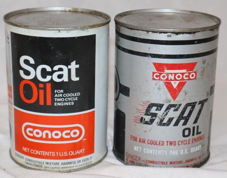 Group of 2 Conoco Scat Metal 1 Quart Oil Cans: 4" x 4" x 5.5" each