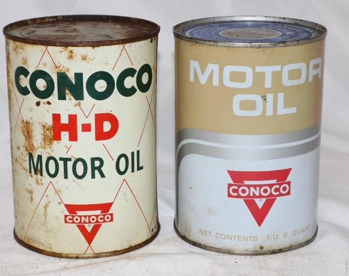 Group of 2 Different Conoco Metal 1 Quart Oil Cans: 4" x 4" x 5.5" each