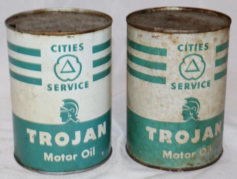 Group of 2 Cities Service Trojan Metal 1 Quart Oil Cans: 4" x 4" x 5.5" each