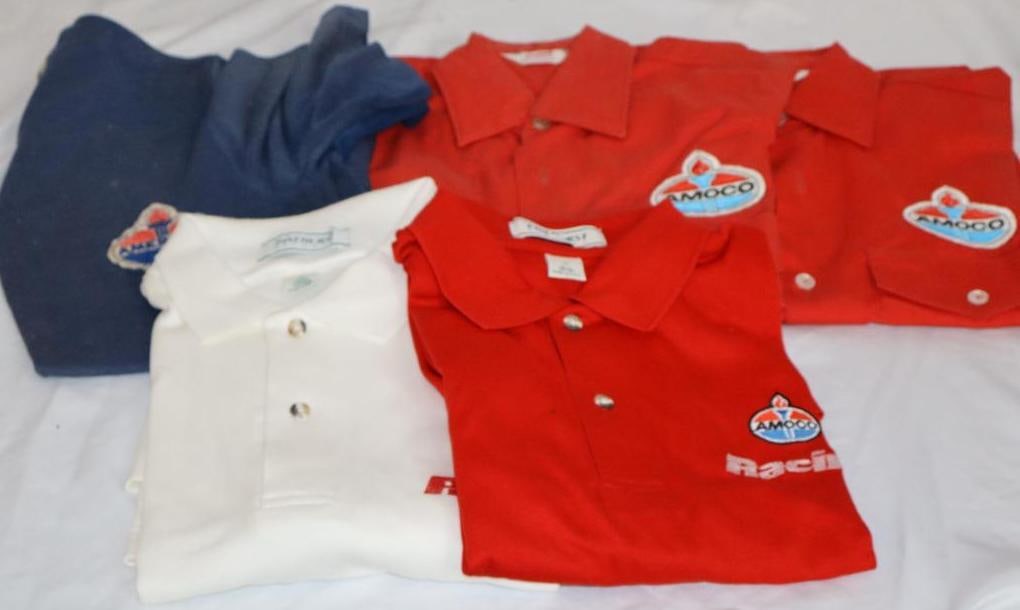 Group of 5 Amoco Racing Polos and Unitog Work Shirts: Polos are size large. Work shirts are size small.