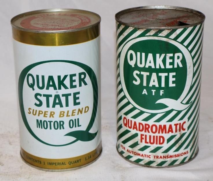 Group of 2 Quaker State Super blend & ATF Metal 1 Imperial Quart Oil Can: 4" x 4" x 6.5"