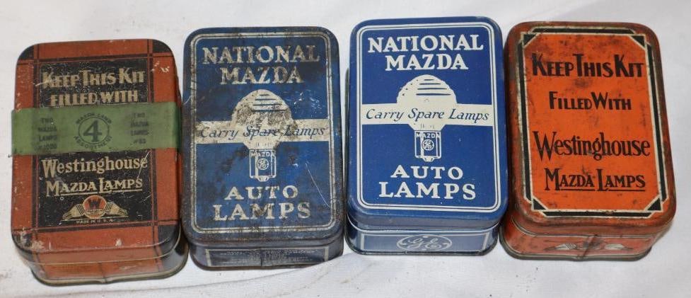 Group of 4 Westing House & Mazda Auto Lamp Replacement Tins: 3.5" x 2.5" x 1.5" each