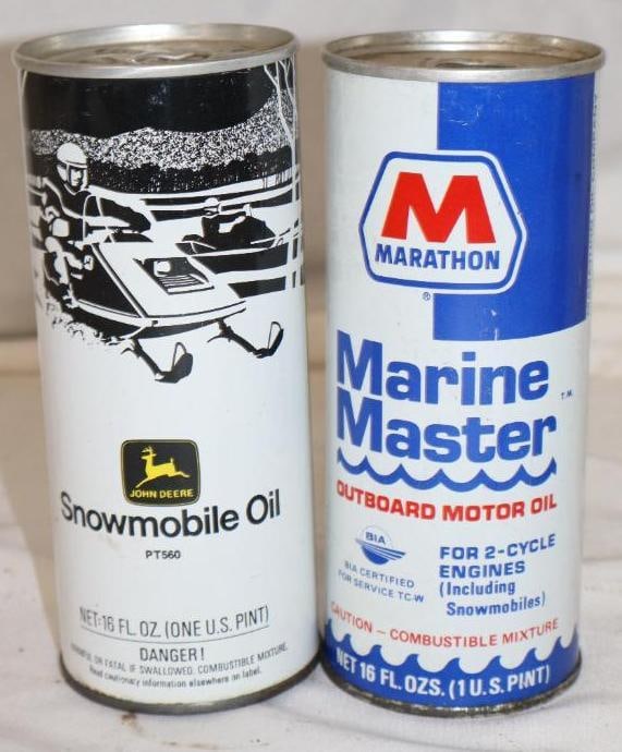 Group of 2 John Deere & Marathon Snowmobile & Marine Pint Oil Cans: 16 oz each both are full