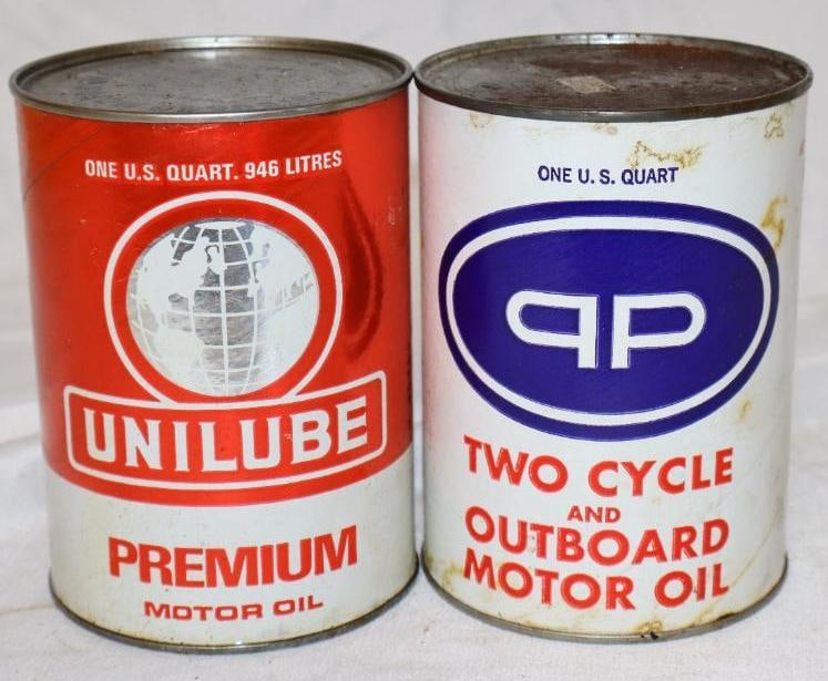 Group of 2 Unilube, and QP Outboard Composite One Quart Oil Cans: Empty. 32oz