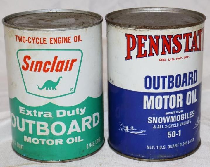 Group of 2 Penn State, and Sinclair Composite One Quart Oil Cans: Empty. 32oz
