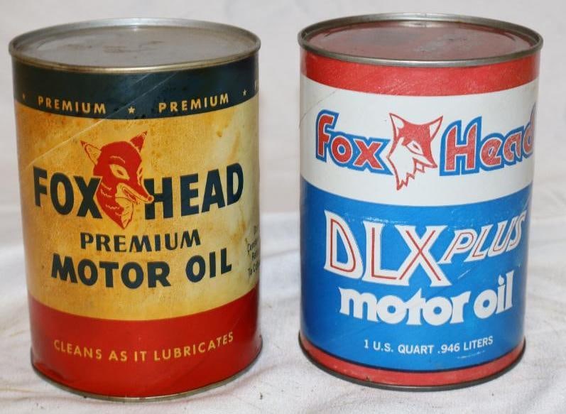 Group of 2 Different Fox Head Composite One Quart Oil Cans: Empty. 32oz