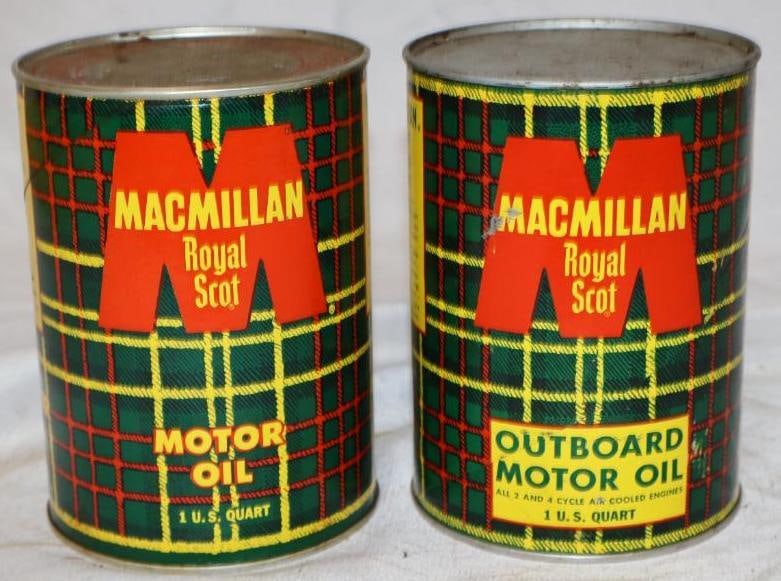 Group of 2 Mac Millan Royal Scott Outboard, and HD Composite One Quart Oil Cans: Empty. 32oz