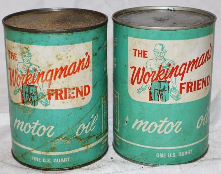 Group of 2 Working Mans Friend Composite One Quart Oil Cans: Empty. 32oz