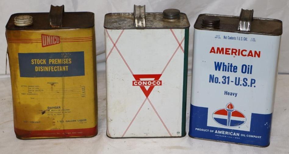 Group of 3 Different 1 Gallon Metal Oil Cans: 6.25" x 3.75" x 10.25" each