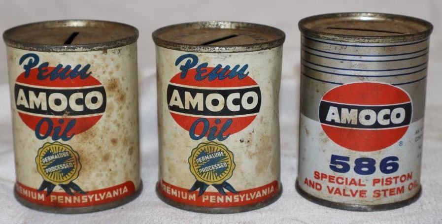 Group of 3 Penn Amoco, and Amoco 586 Metal Coin Banks: 2" x 2" x 2.75" each