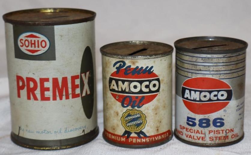 Group of 3 Amoco and Sohio Metal Coin Banks: Largest is 2.5" x 2.5" x 3.5"