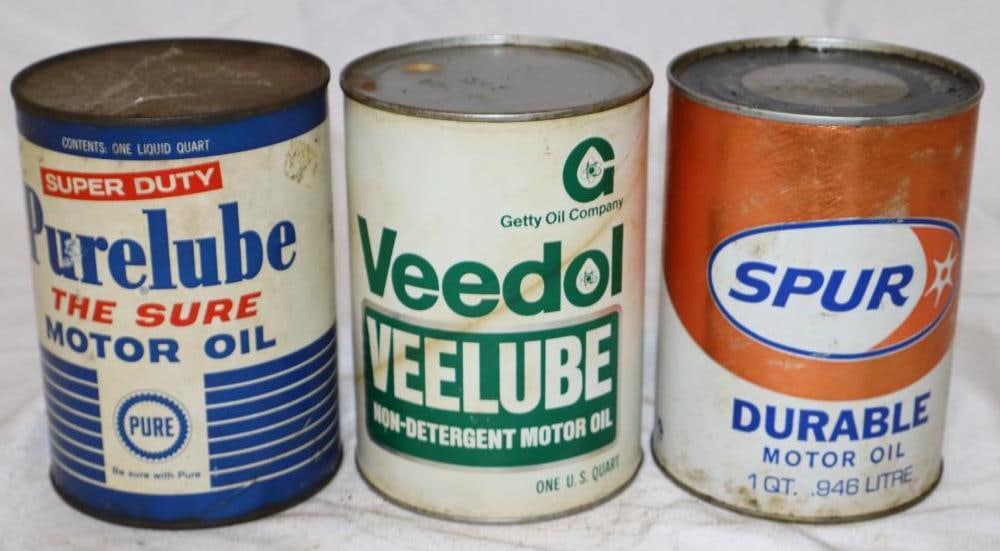 Group of 3 Pure, Veedol, and Spur Composite One Quart Oil Cans: Empty. 32oz