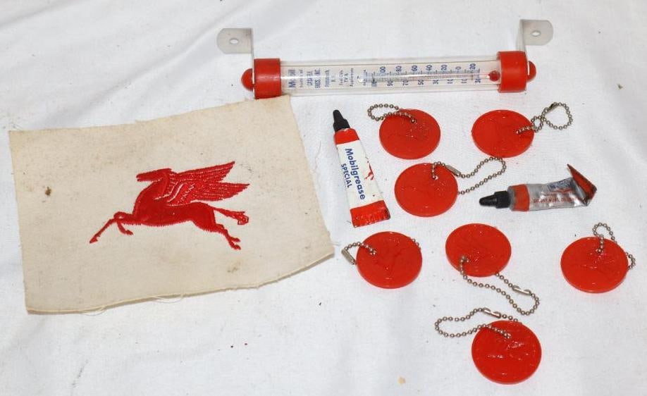 Group of 10 Mobil Advertising Keychains, Thermometer & Grease Tubes: Largest is 1" x 2" x 7.5"